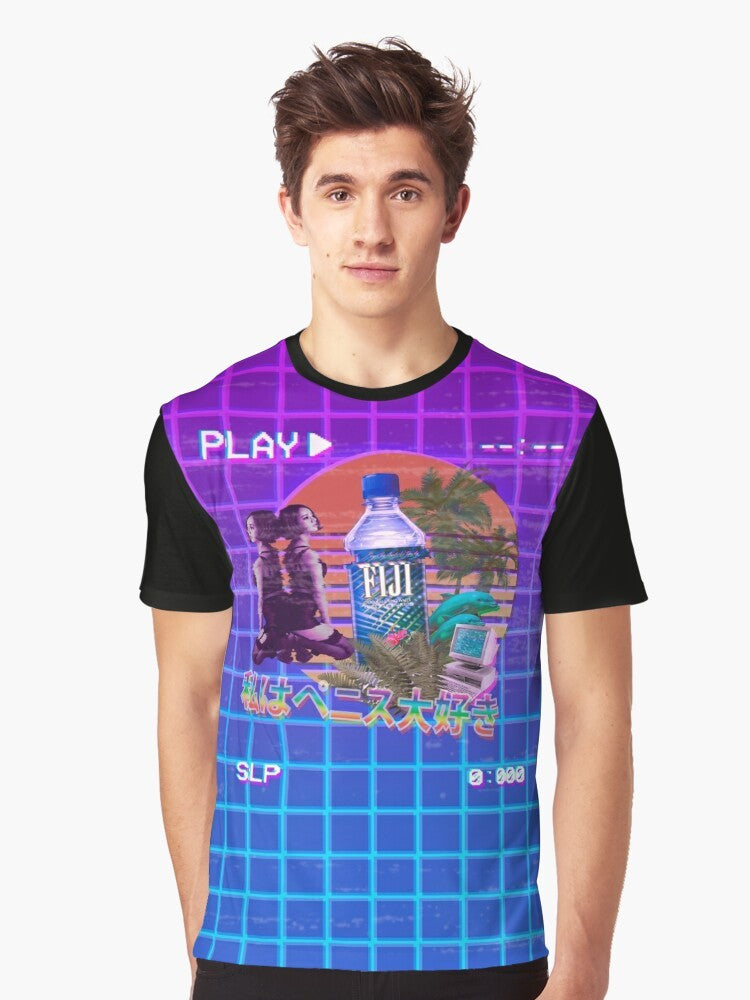 Retro vaporwave-style graphic t-shirt featuring a Fiji water bottle design with palm trees, dolphins, and other 80s/90s inspired elements. - Men