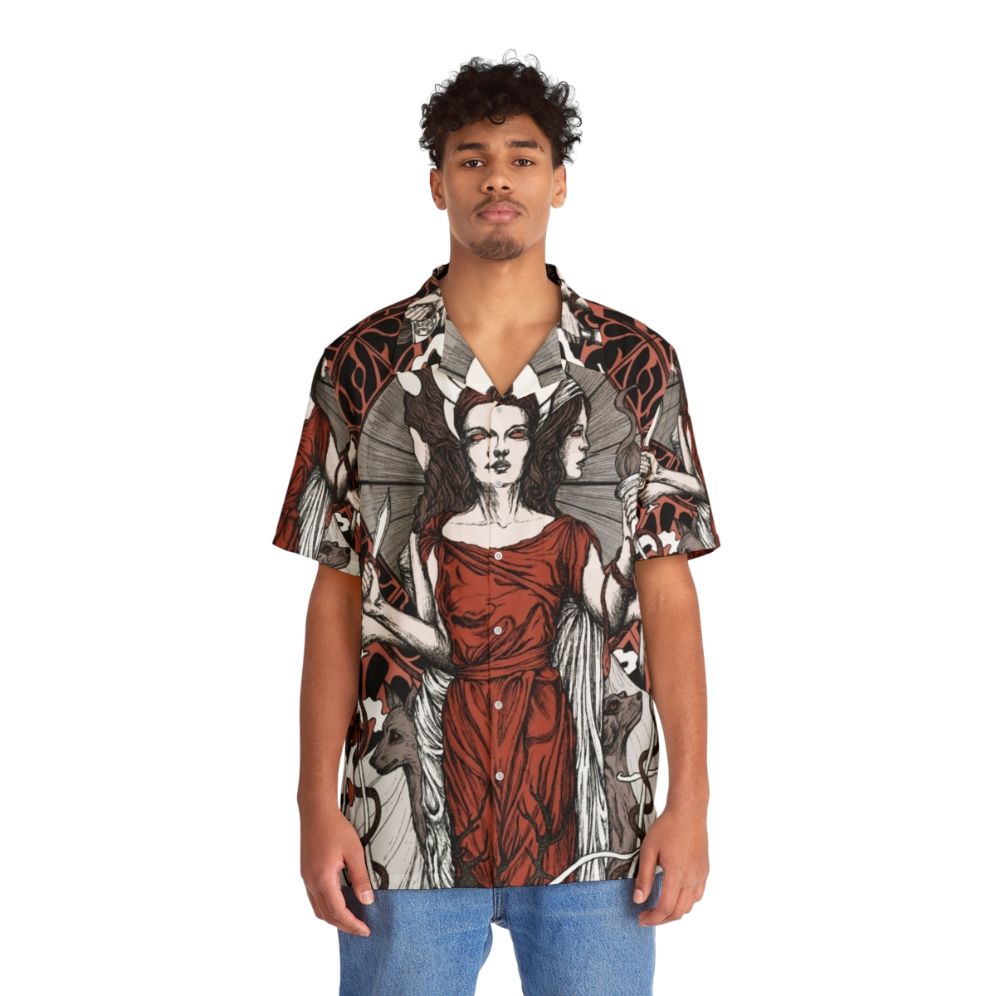 Hecate Gothic Hawaiian Shirt featuring a dark moon goddess design - People Front