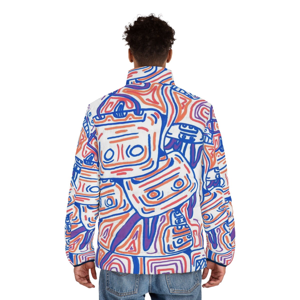 Sikes Tapes Puffer Jacket featuring a graphic design of purple and orange cassette tapes and graffiti-inspired elements - men back