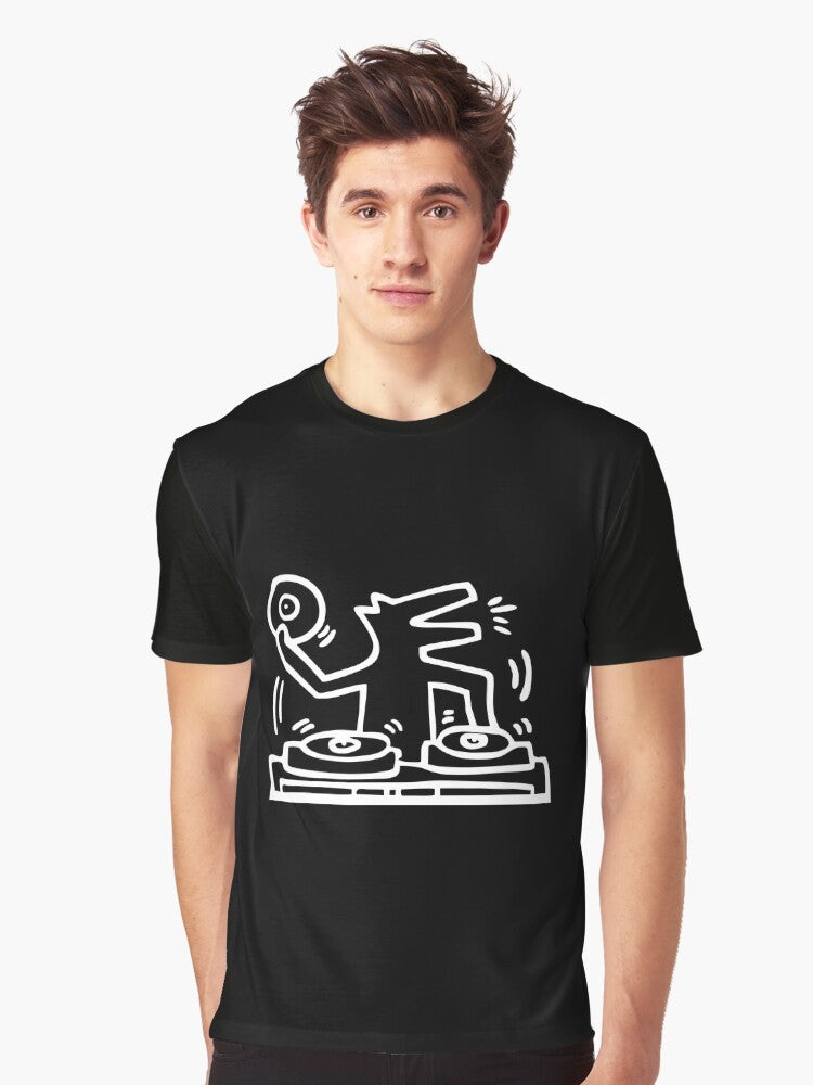 Colorful pop art graphic t-shirt featuring a cartoon-style design of a DJ dog inspired by the artwork of Keith Haring. - Men