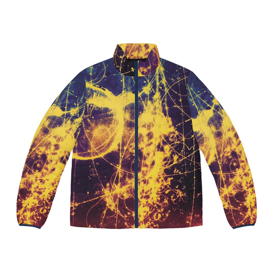 Bubble Chamber Puffer Jacket featuring physics and particle inspired abstract design