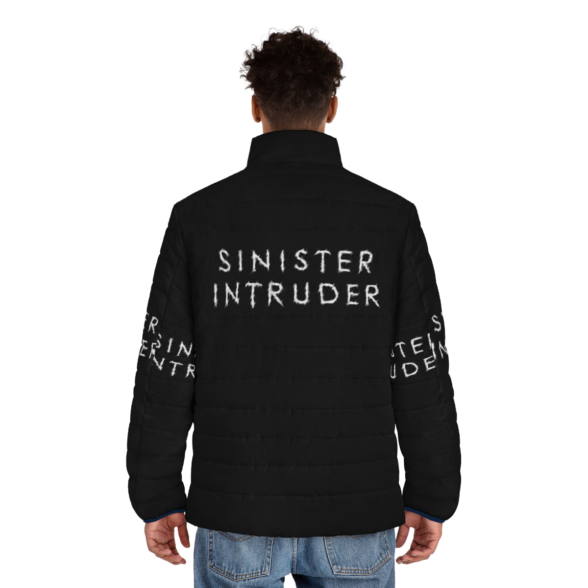 Sinister Intruder logo design puffer jacket featuring a dark, industrial-inspired graphic - men back