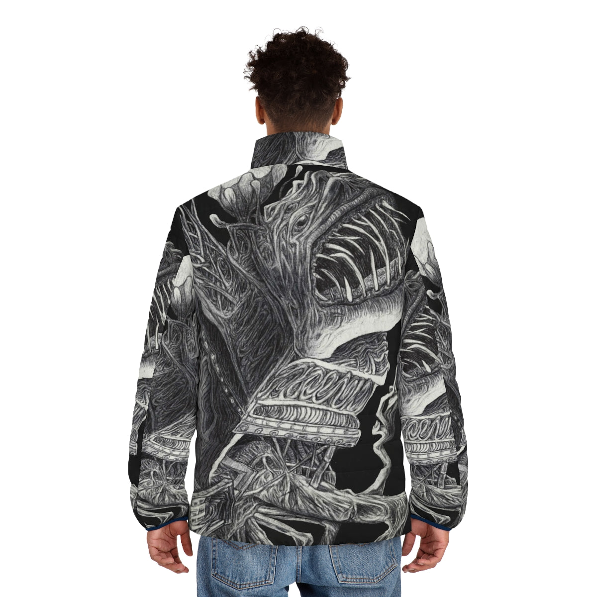 Unique and unsettling waste puffer jacket with surreal monster design - men back