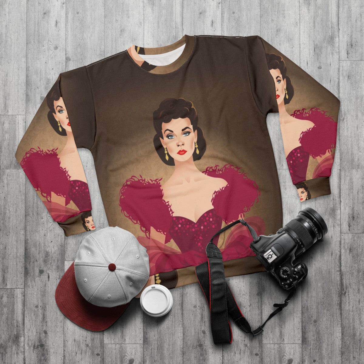 Burgundy dress sweatshirt with Alejandro Mogolloart design - flat lay