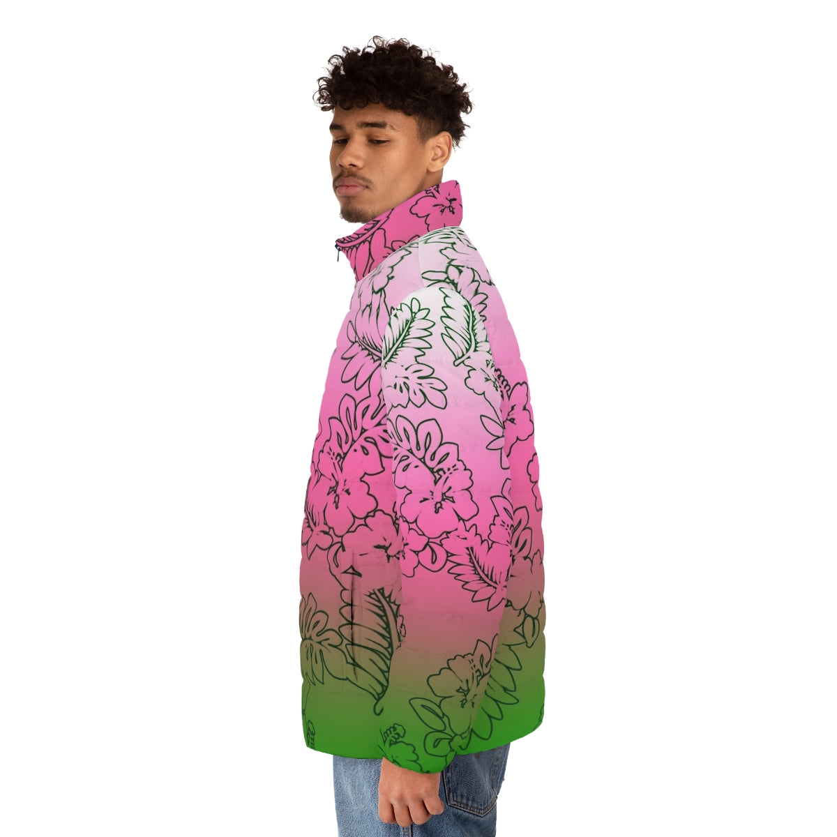 Ombre pink, green, and white puffer jacket with hibiscus flower design - men side left