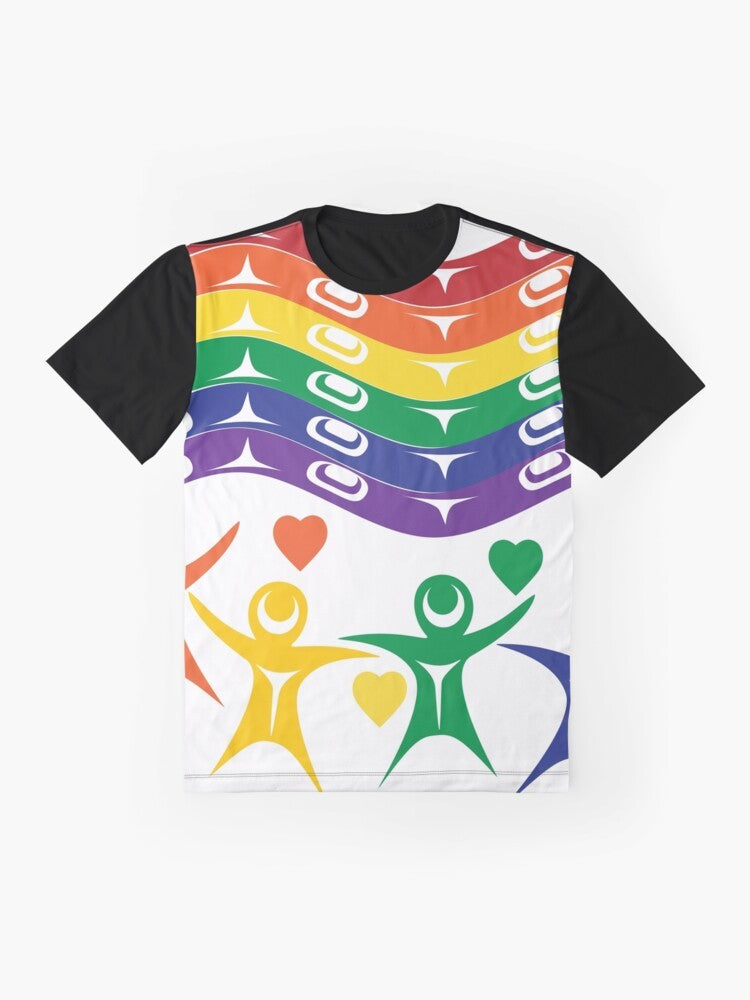 Colorful rainbow graphic t-shirt with the text "Pride Month" on a white background. - Flat lay