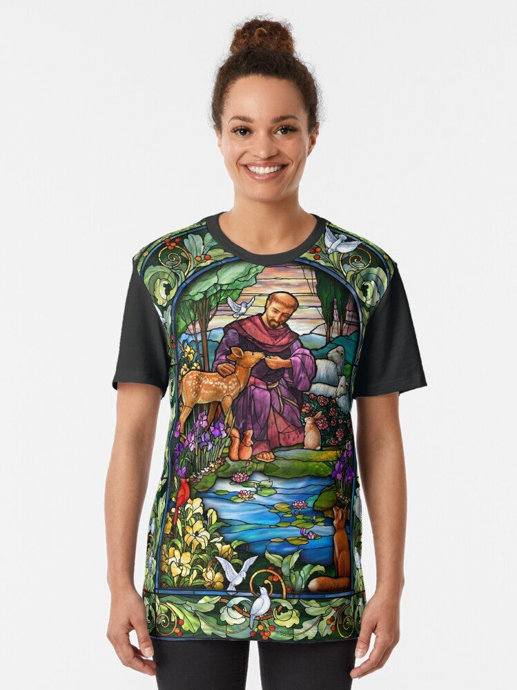 Eco-friendly St. Francis stained glass graphic t-shirt with decorative border and animals - Women