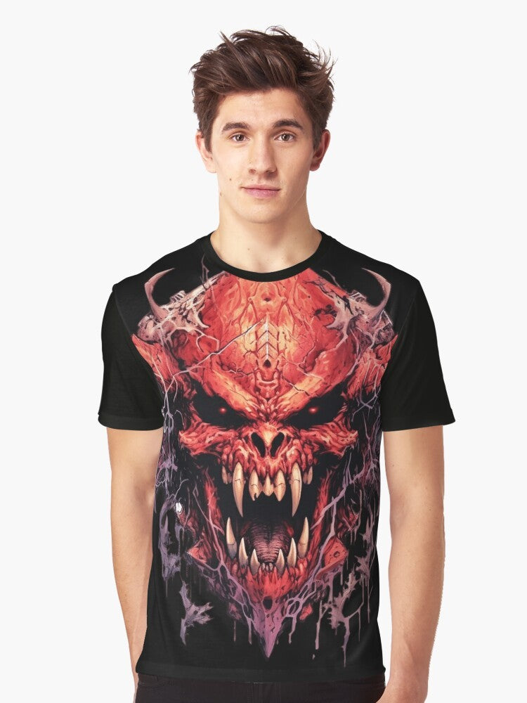 Horned demon skull design on a classic retro gaming style t-shirt for doom marine fans. - Men