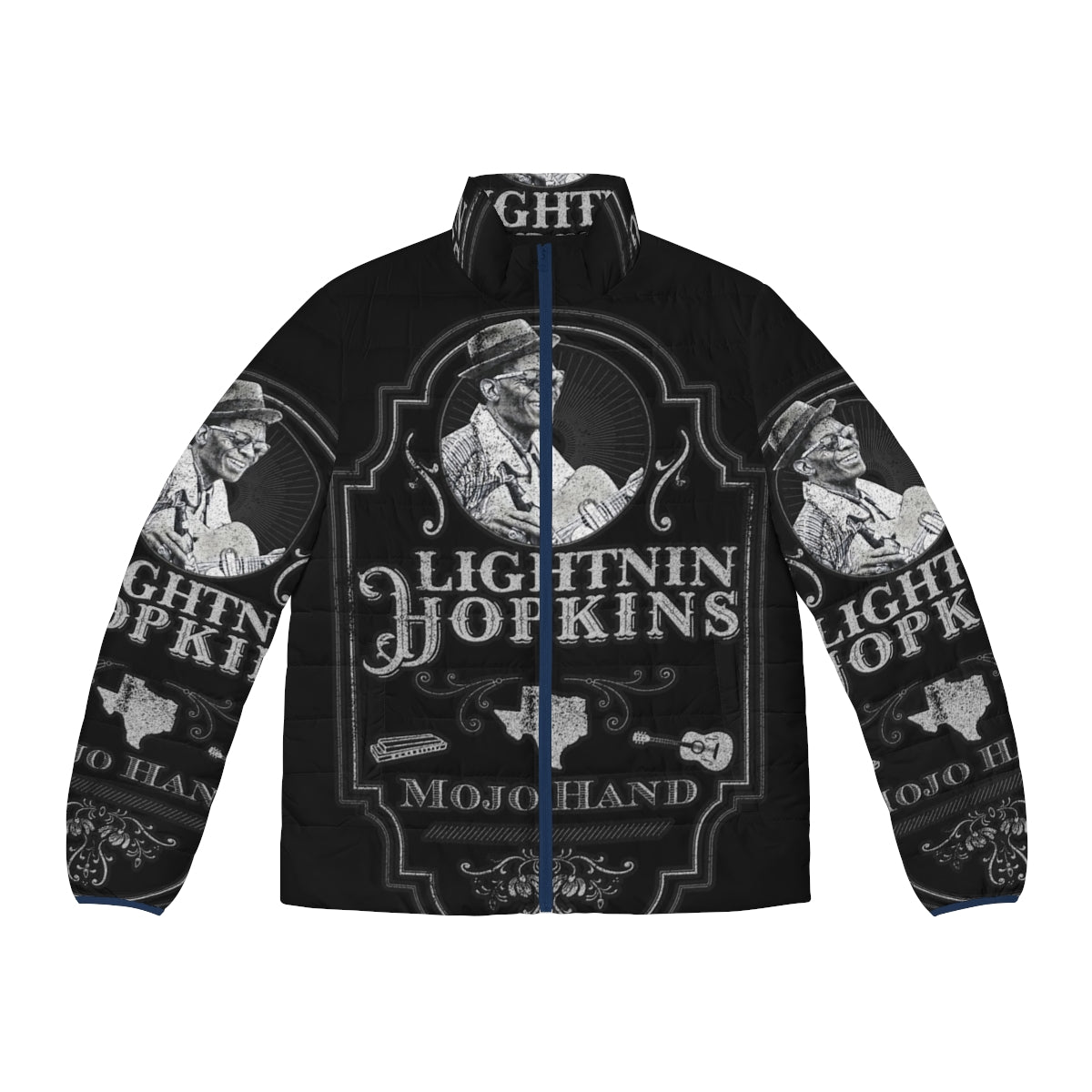 Lightnin' Hopkins Tribute Puffer Jacket with Blues Guitar Artwork