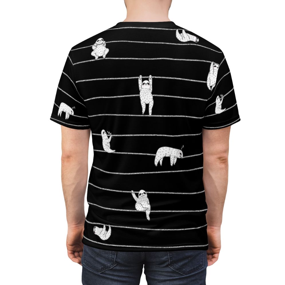 Sloth design printed on a white t-shirt with stripe pattern - men back