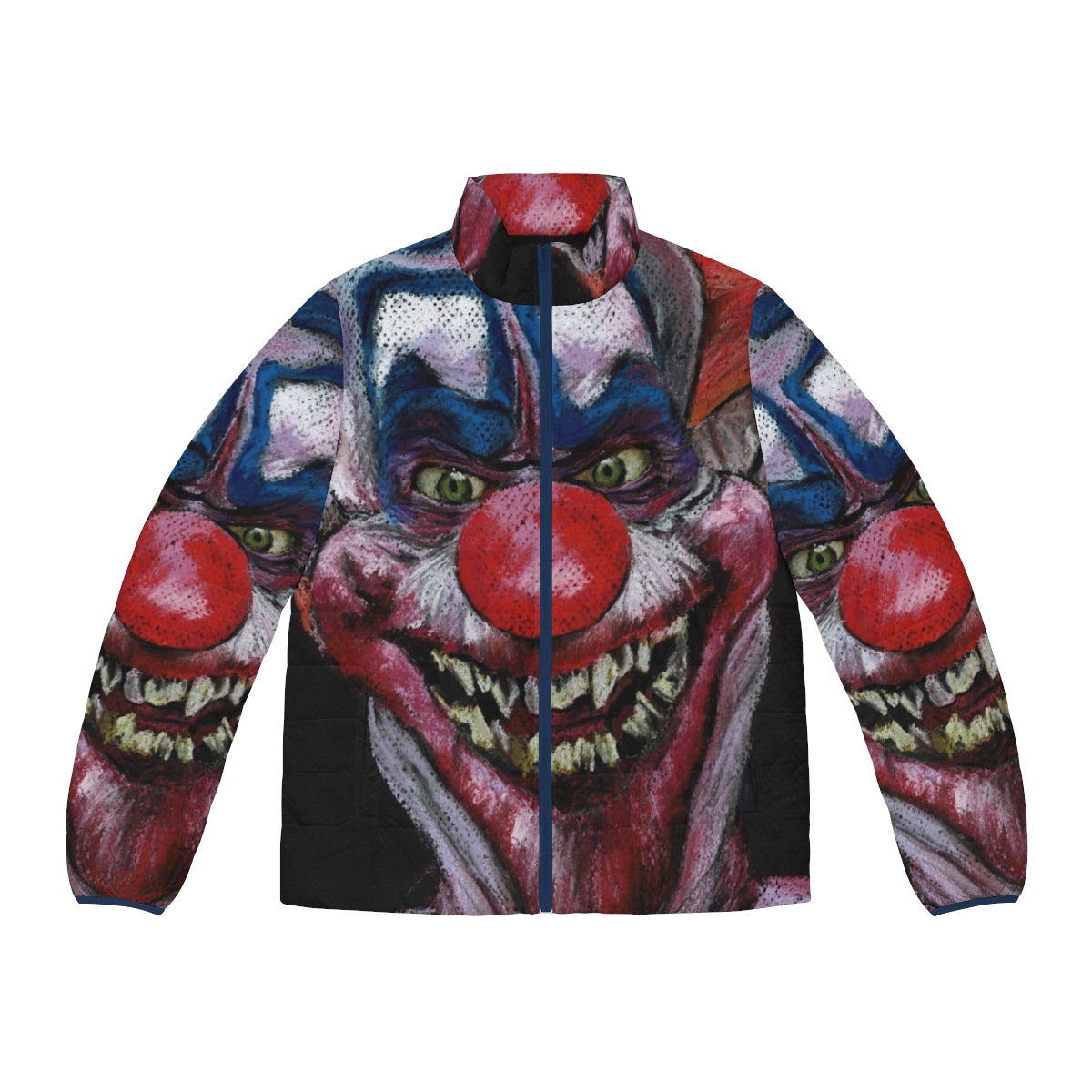 Killer clown puffer jacket with pastel horror art and alien clown design