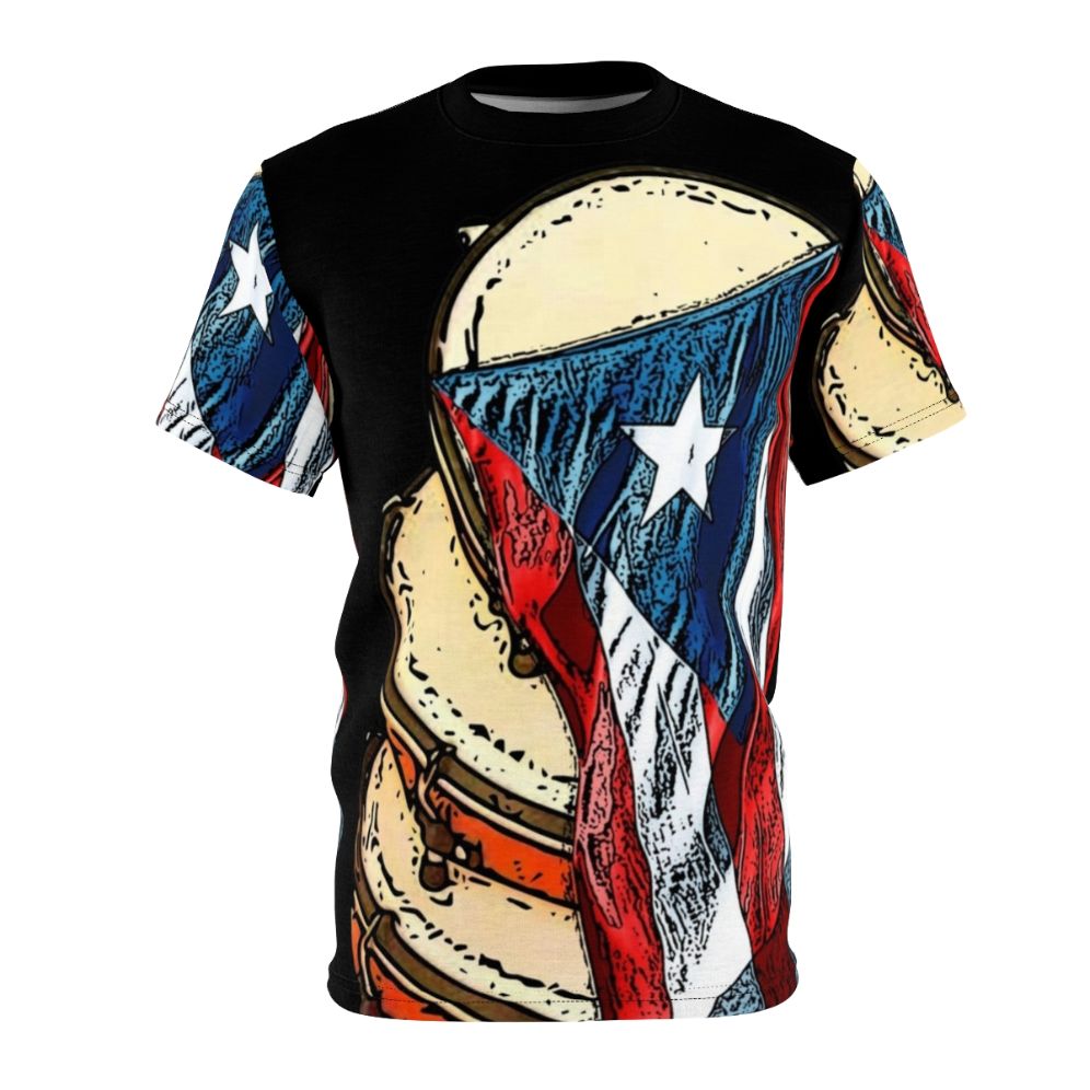 Vibrant t-shirt featuring pleneras, the traditional Puerto Rican musical instruments, and the Puerto Rican flag