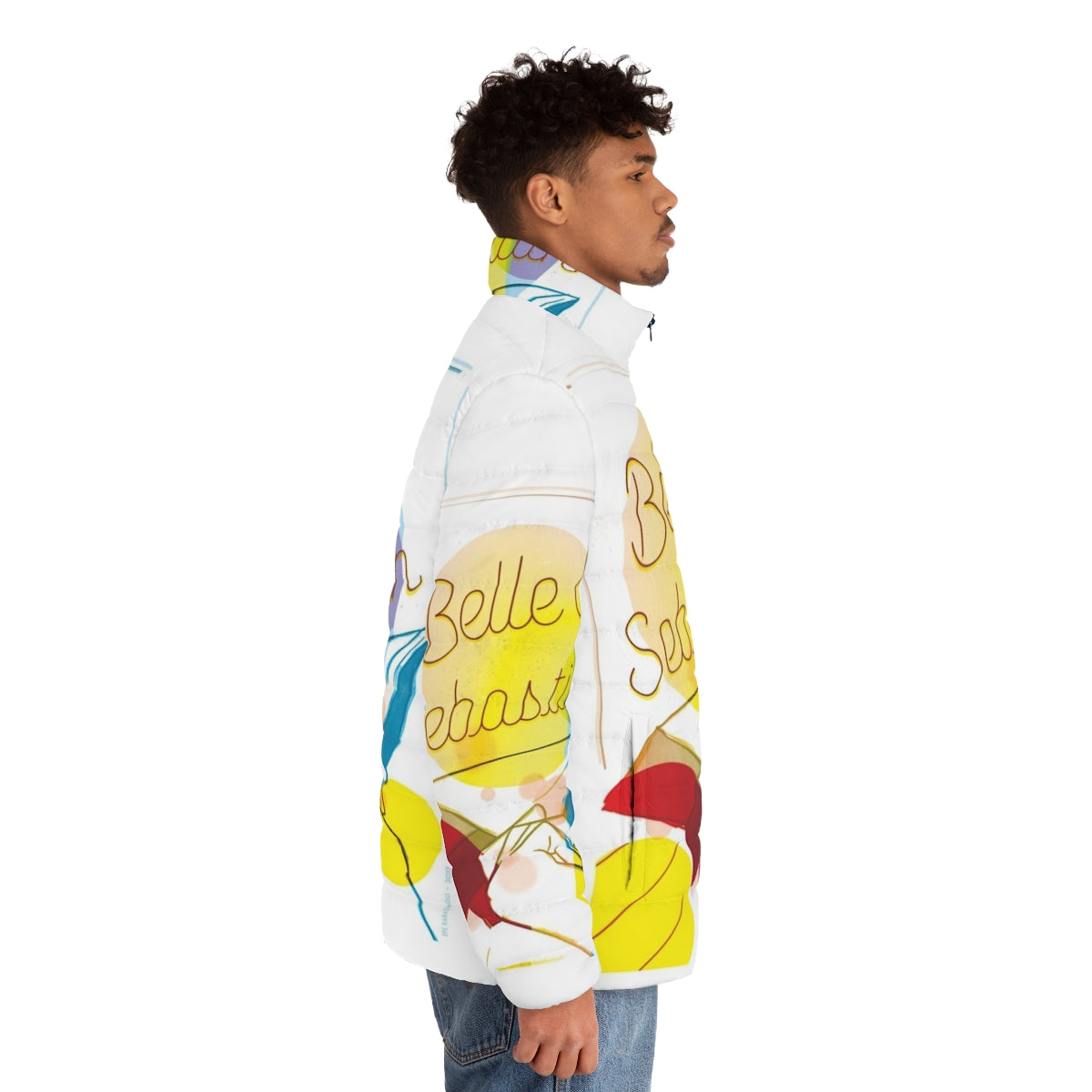 Vibrant puffer jacket featuring the iconic indie band Belle and Sebastian - men side right