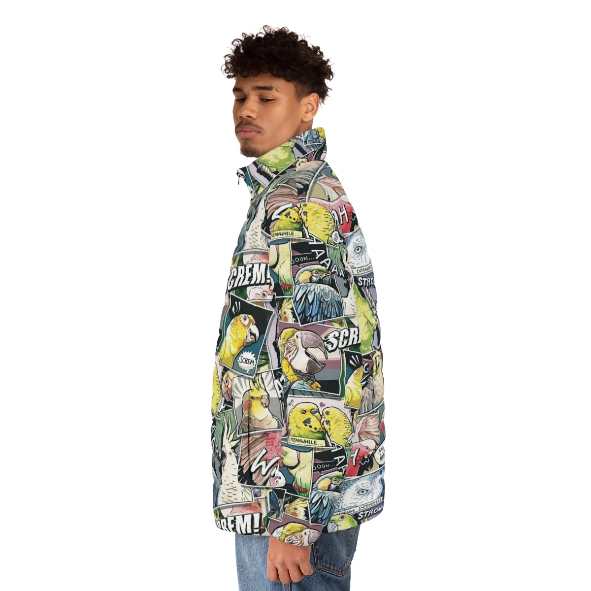 Parrot comic style puffer jacket with vibrant bird print design - men side left