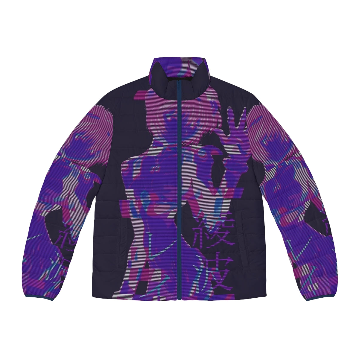 E V W V R E I 2 Puffer Jacket with anime and vaporwave inspired graphic design