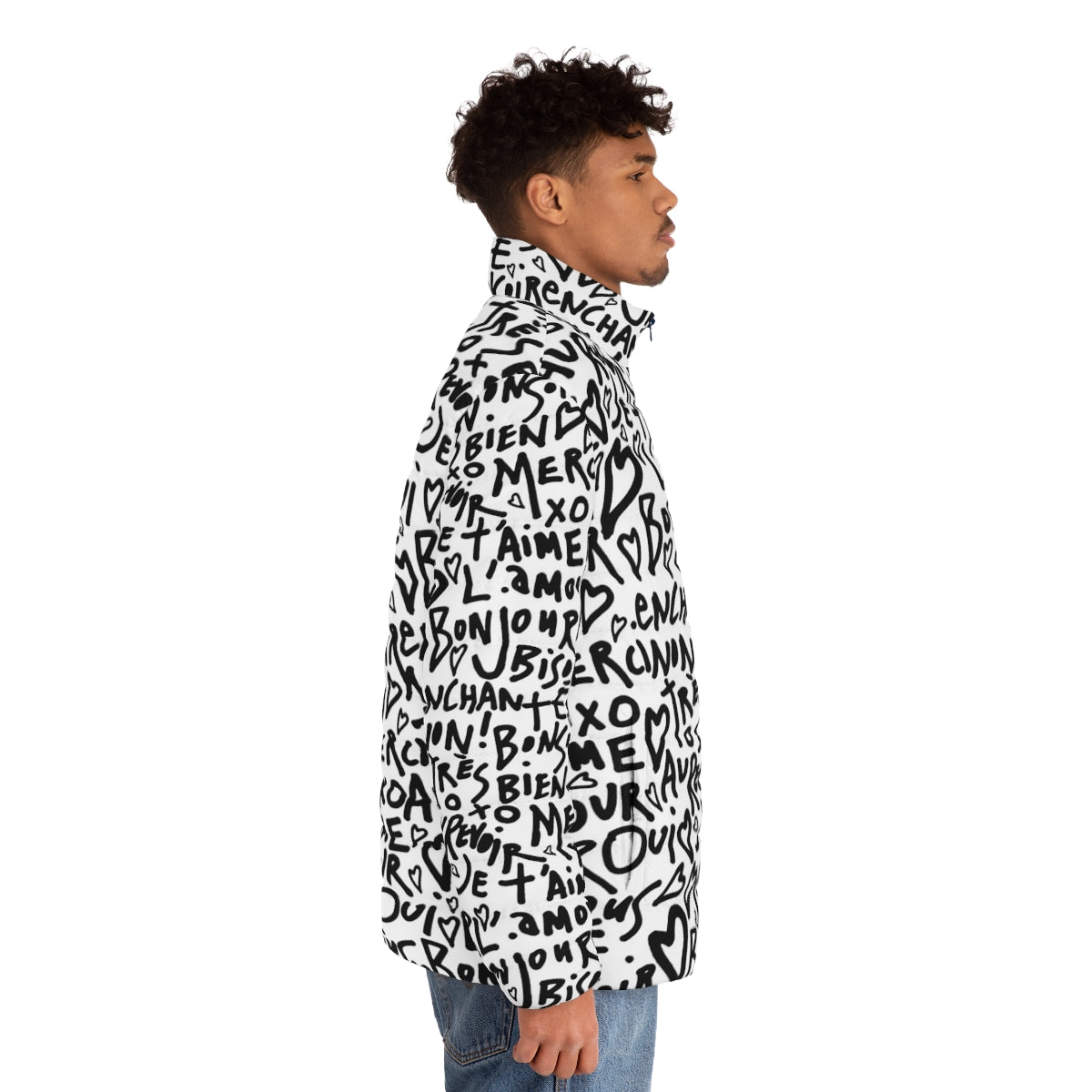 Stylish French puffer jacket with hand-drawn hearts, text, and French phrases - men side right