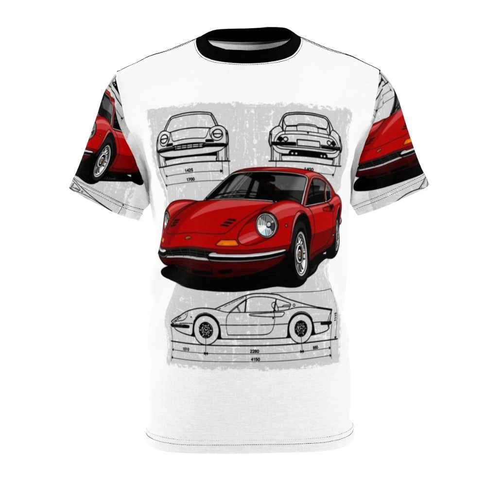 Illustration of an iconic Ferrari Dino 206 GTB sports car on a t-shirt