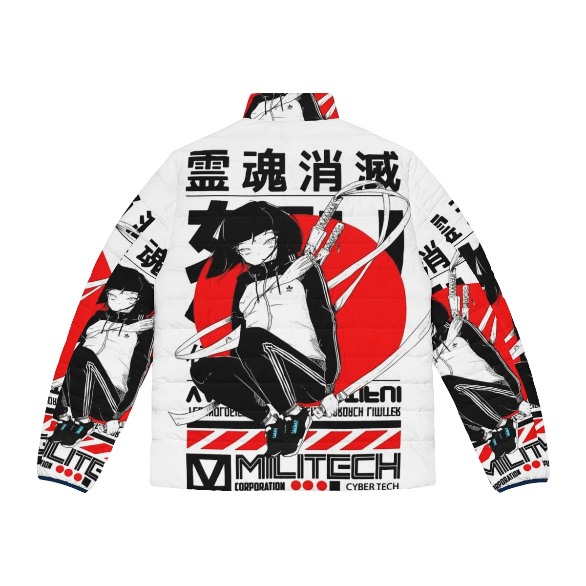 Cyberpunk inspired puffer jacket with Japanese samurai design elements - Back