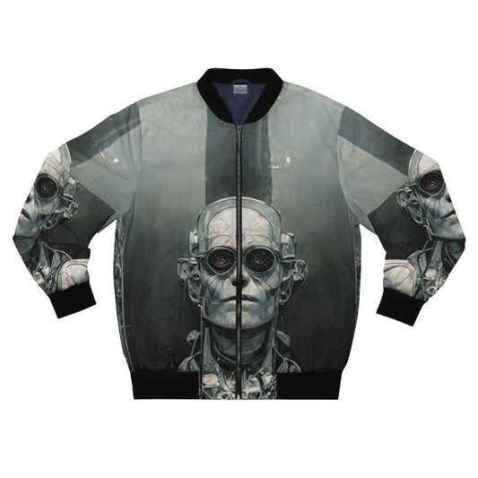 Cyberpunk robot bomber jacket with a futuristic, surreal design