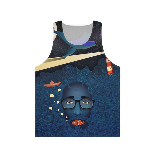 Unisex tank top with a deep thoughts and calma art ocean-themed fantasy design