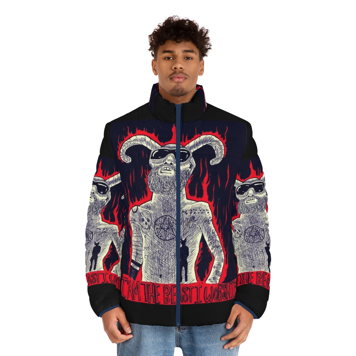 Deathgrips inspired puffer jacket with "I Am The Beast I Worship" graphic - men front