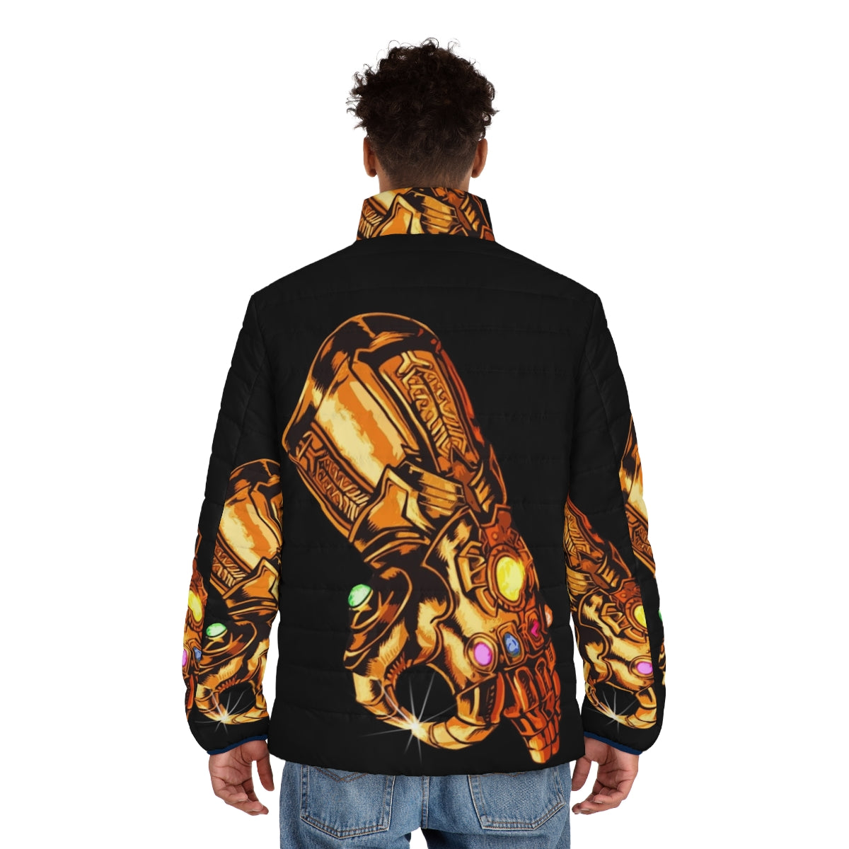 Infinity Gauntlet Circle Game Puffer Jacket featuring Thanos, Hulk, Thor, Iron Man, and Captain America - men back