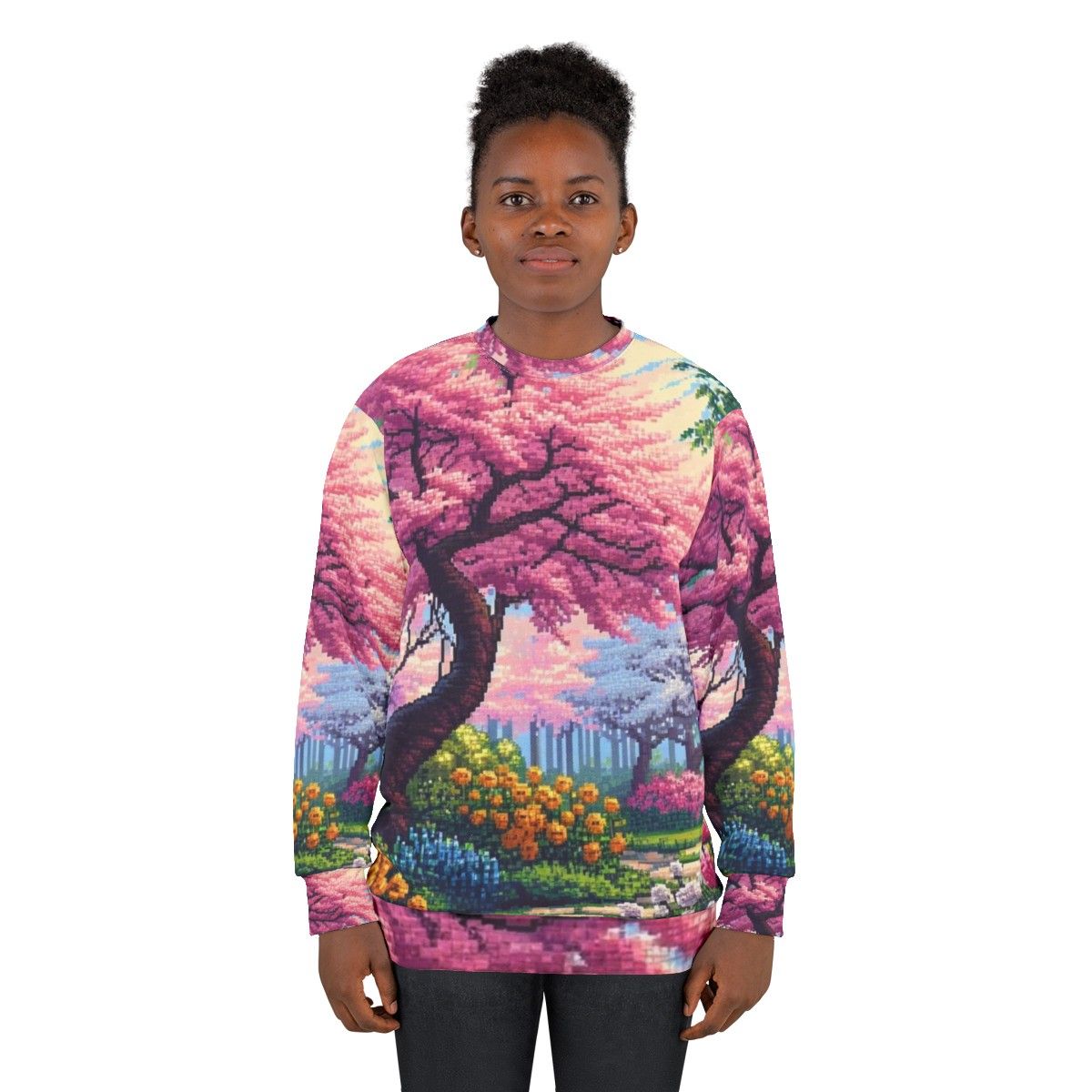 Japanese Cherry Tree Sweatshirt with Vibrant Floral Pixel Art Design - women