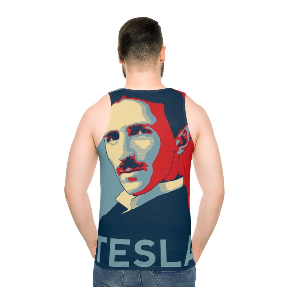 Nikola Tesla Unisex Tank Top featuring a Tesla coil design - men back