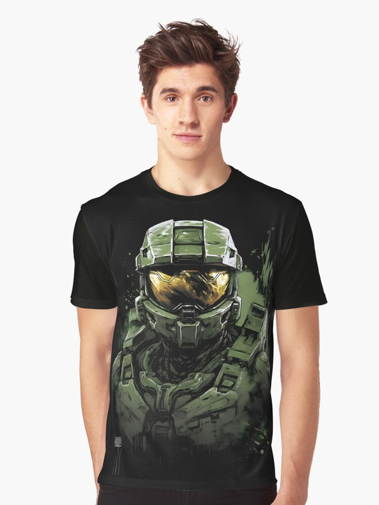 Master Chief character from the Halo video game franchise wearing abstract gaming art design - Men