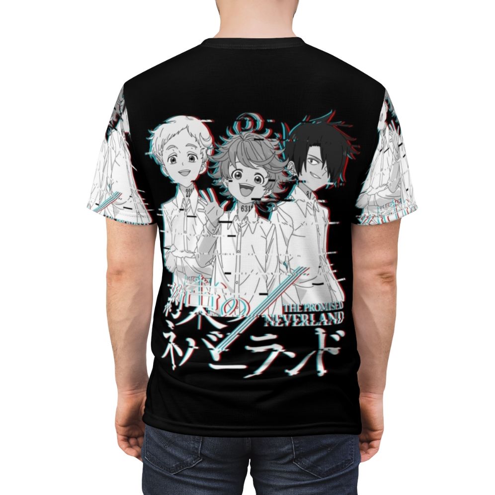 Neverland-inspired glitch design t-shirt featuring characters from the anime/manga series The Promised Neverland - men back