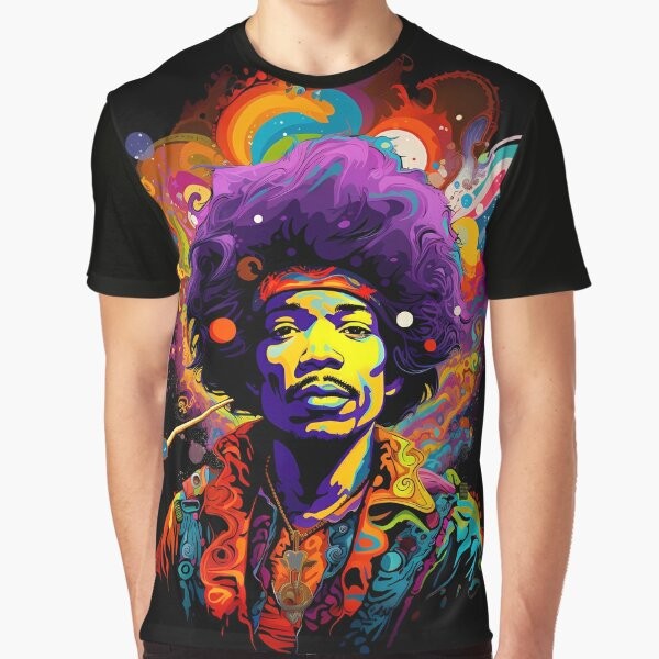 Jimi Hendrix inspired psychedelic graphic t-shirt featuring a guitar and music elements