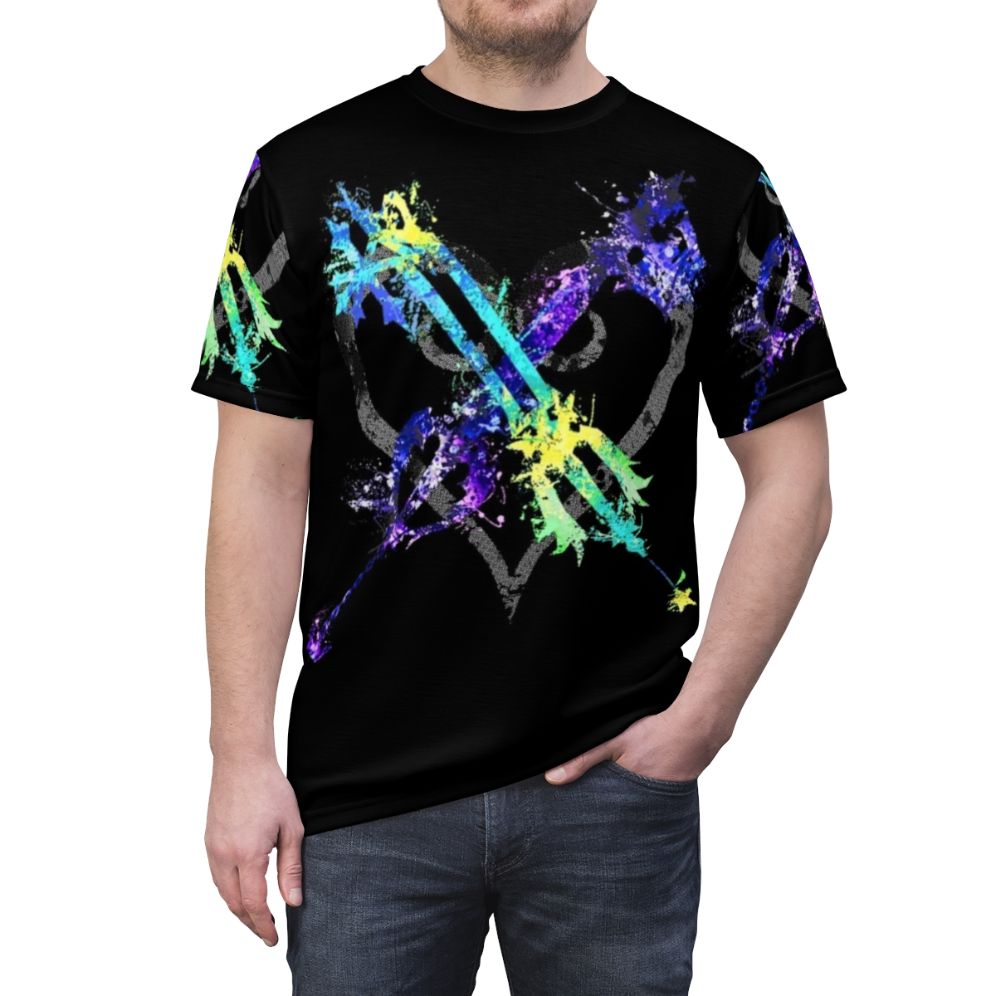 Kingdom Hearts inspired t-shirt with keyblade and fantasy elements - men front