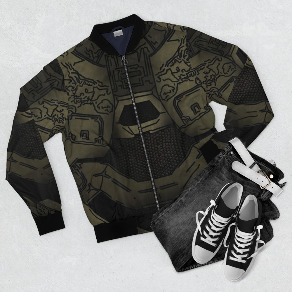 Master Chief Halo Gaming Bomber Jacket featuring the iconic green armor design - Flat lay