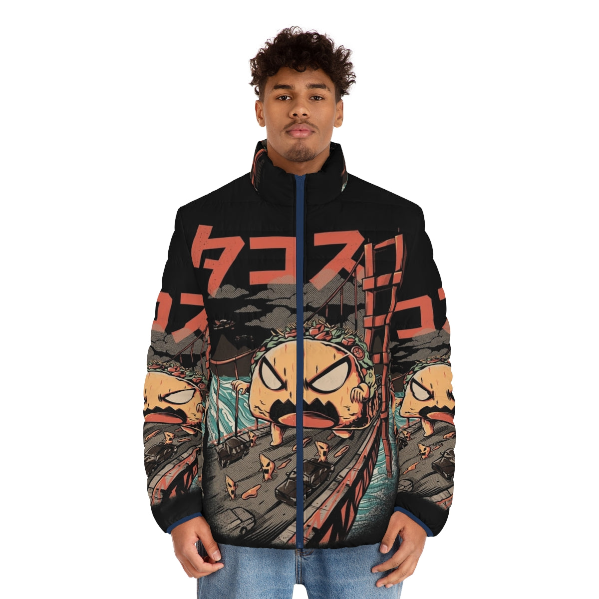 Black Takaiju puffer jacket with Japanese monster design - men front