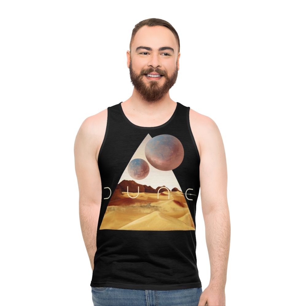 Dune movie inspired unisex tank top with desert and sandworm design - men