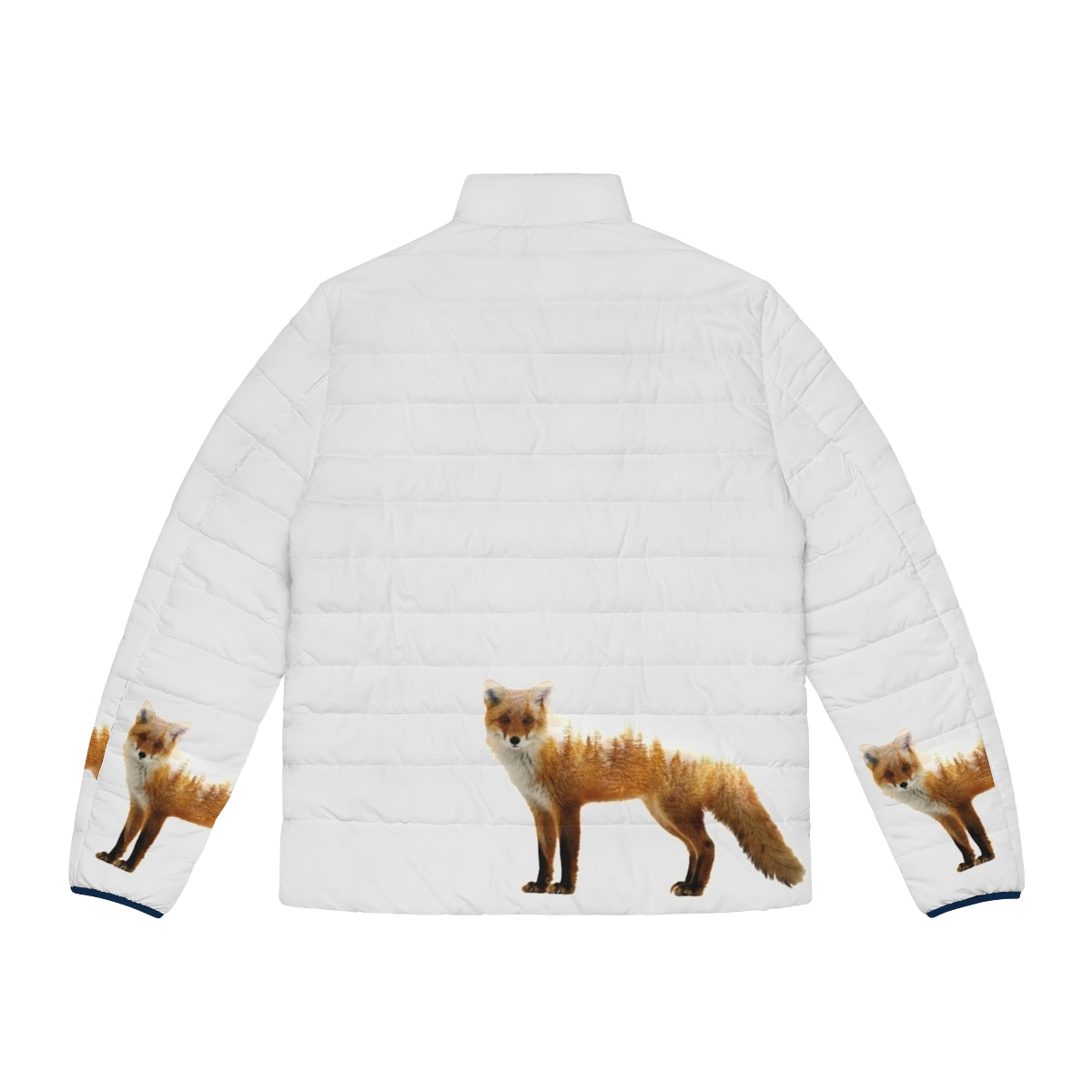 A puffer jacket featuring a double exposure design of a majestic forest fox - Back