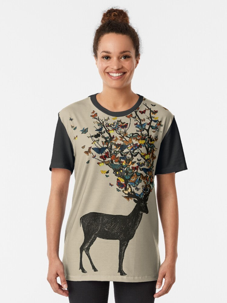 Wild nature graphic t-shirt with deer, butterflies, and colorful design - Women