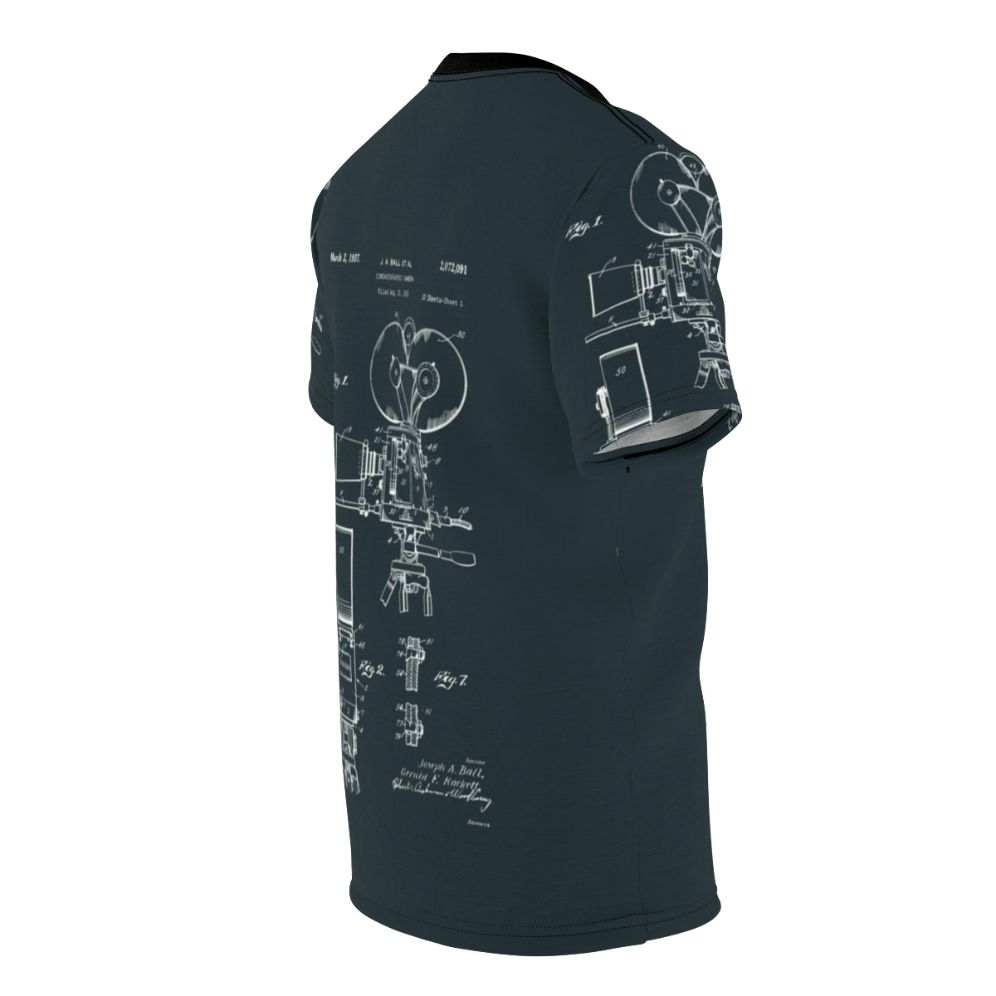 Vintage-style t-shirt featuring patent drawings of a movie camera from 1937. - men right