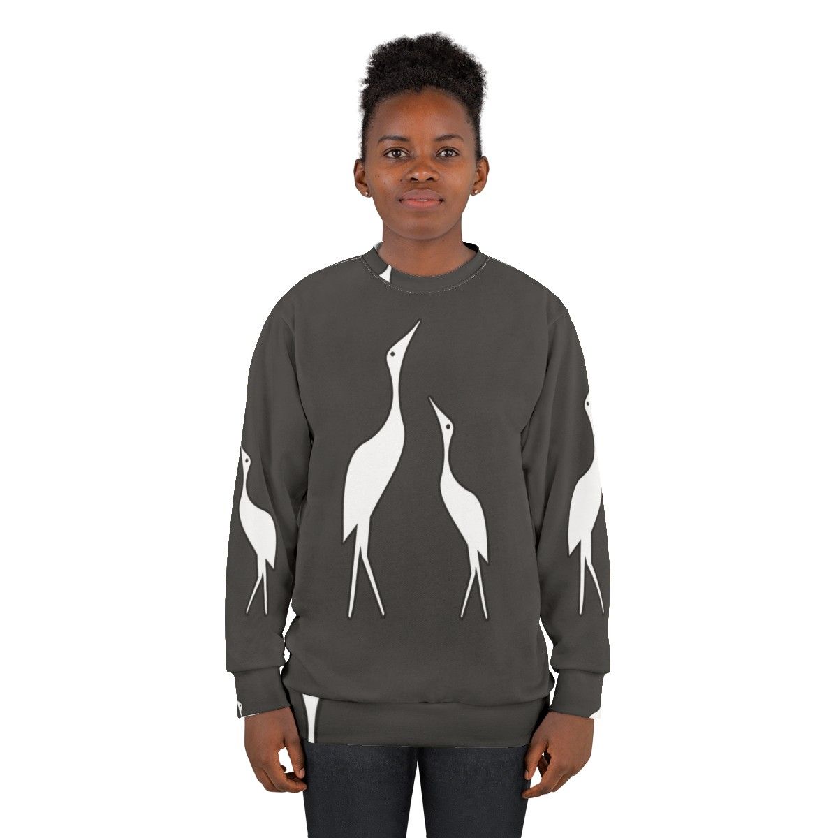 Colorful abstract sweatshirt design featuring a crane, a legendary animal, in a nature setting - women