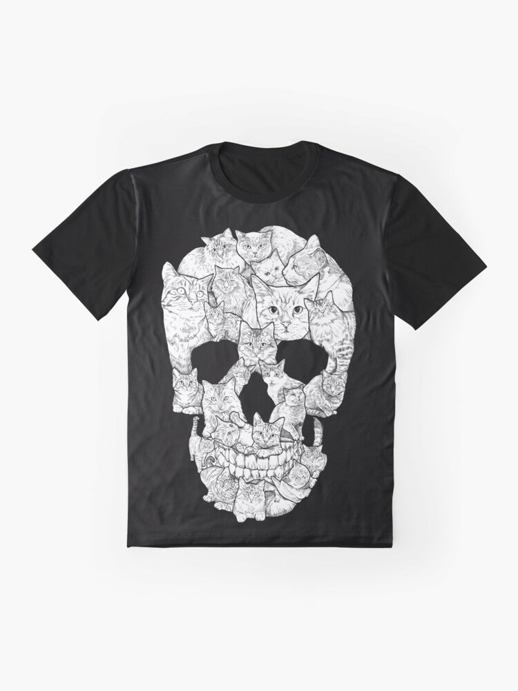 A black t-shirt featuring a graphic design of a cat skull, perfect for horror and gothic fans. - Flat lay