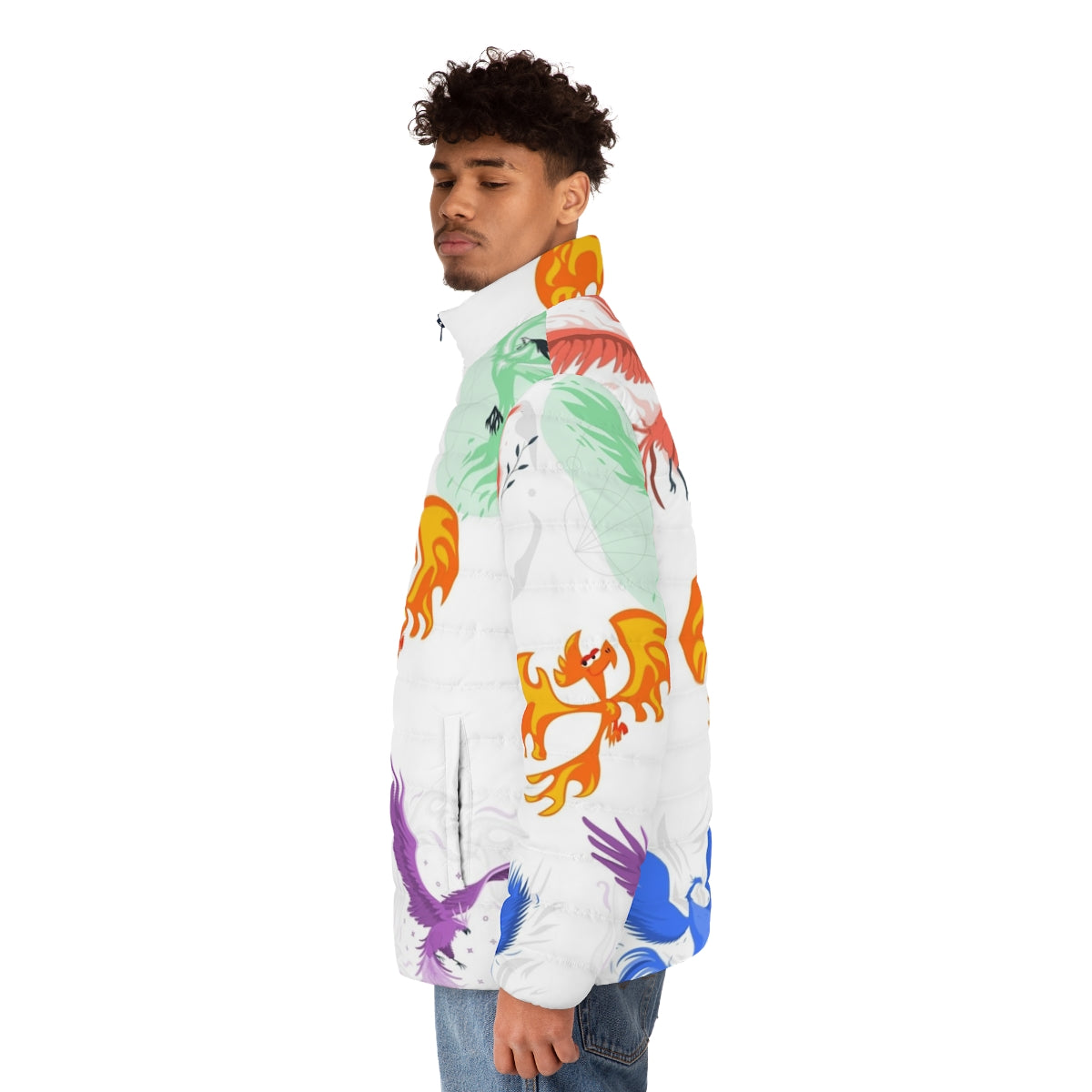 Puffer jacket featuring a majestic phoenix, a legendary mythical creature - men side left