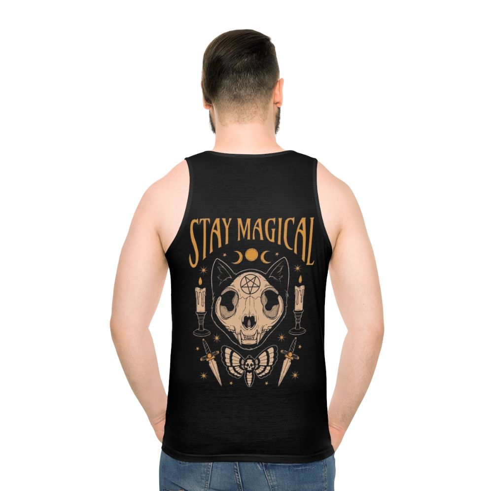 Unisex tank top with magical occult designs featuring a cat skeleton and death moth - men back