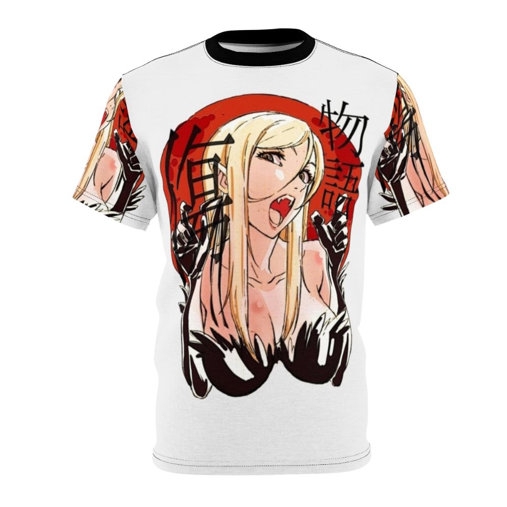 Stylized t-shirt design featuring the character Kiss Shot from the Monogatari anime series