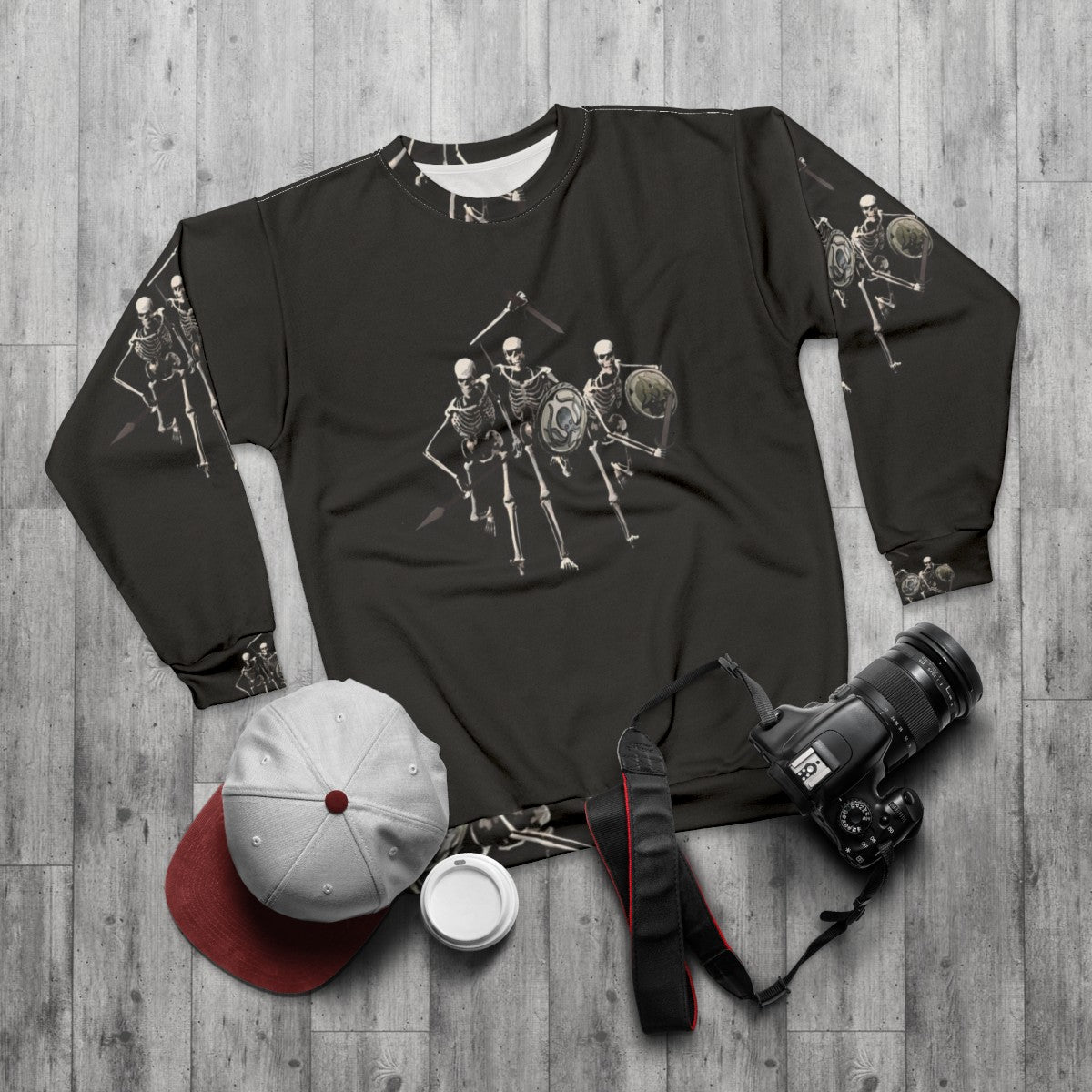 Skeleton Sweatshirt with Ancient Greek Mythological Creatures - flat lay