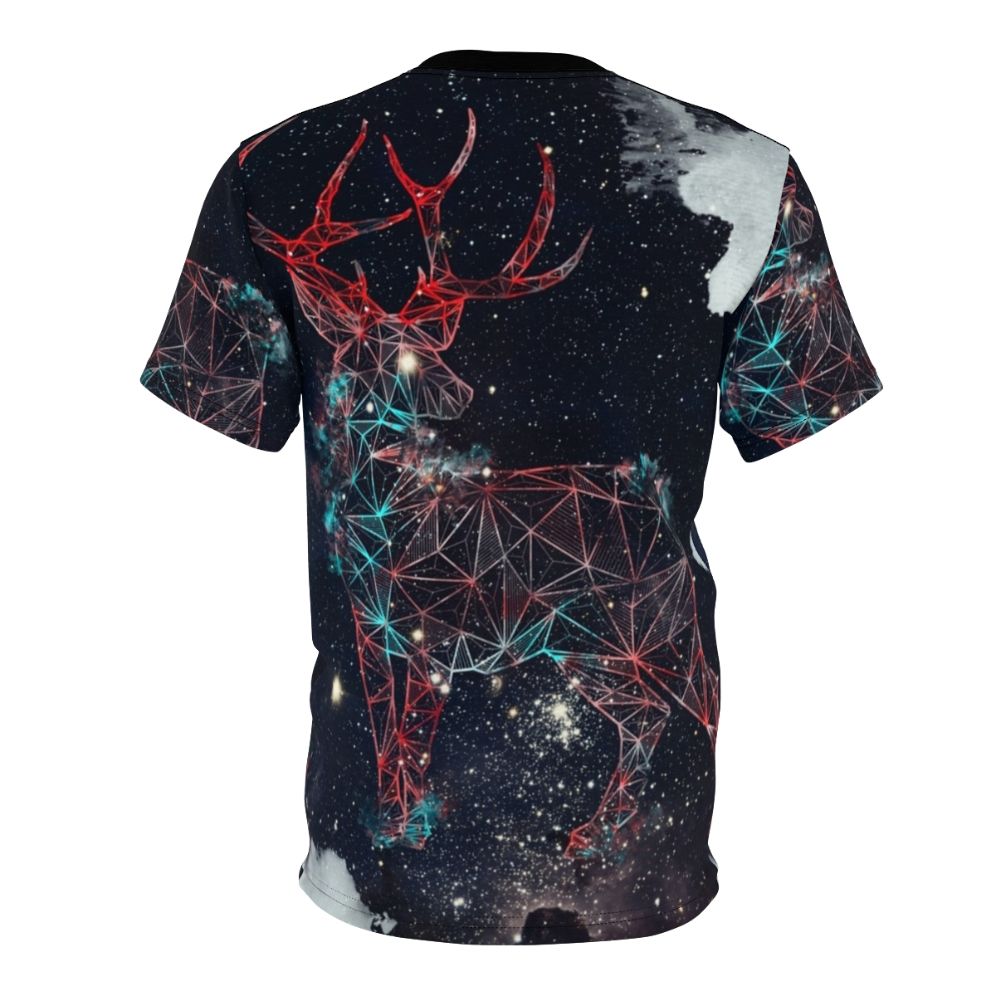 Celestial deer graphic design on a t-shirt, featuring a deer silhouette in a galaxy background with stars and geometric patterns. - Back