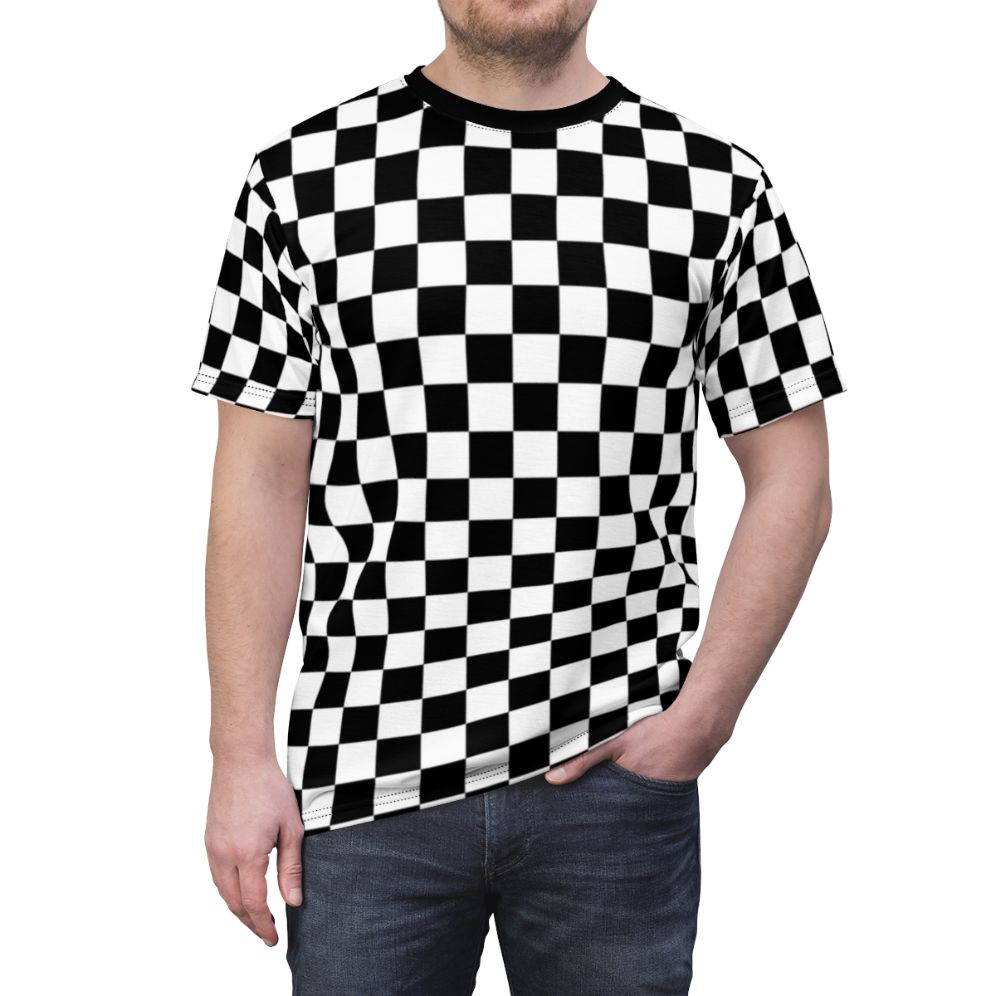 Black and white checkerboard pattern on a modern, minimalist t-shirt - men front