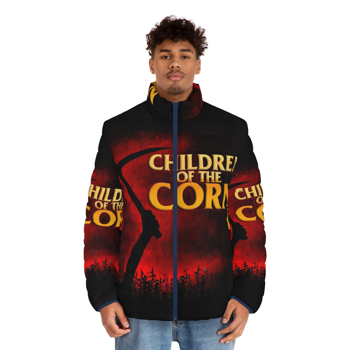 "Children of the Corn" inspired puffer jacket with horror movie imagery - men front