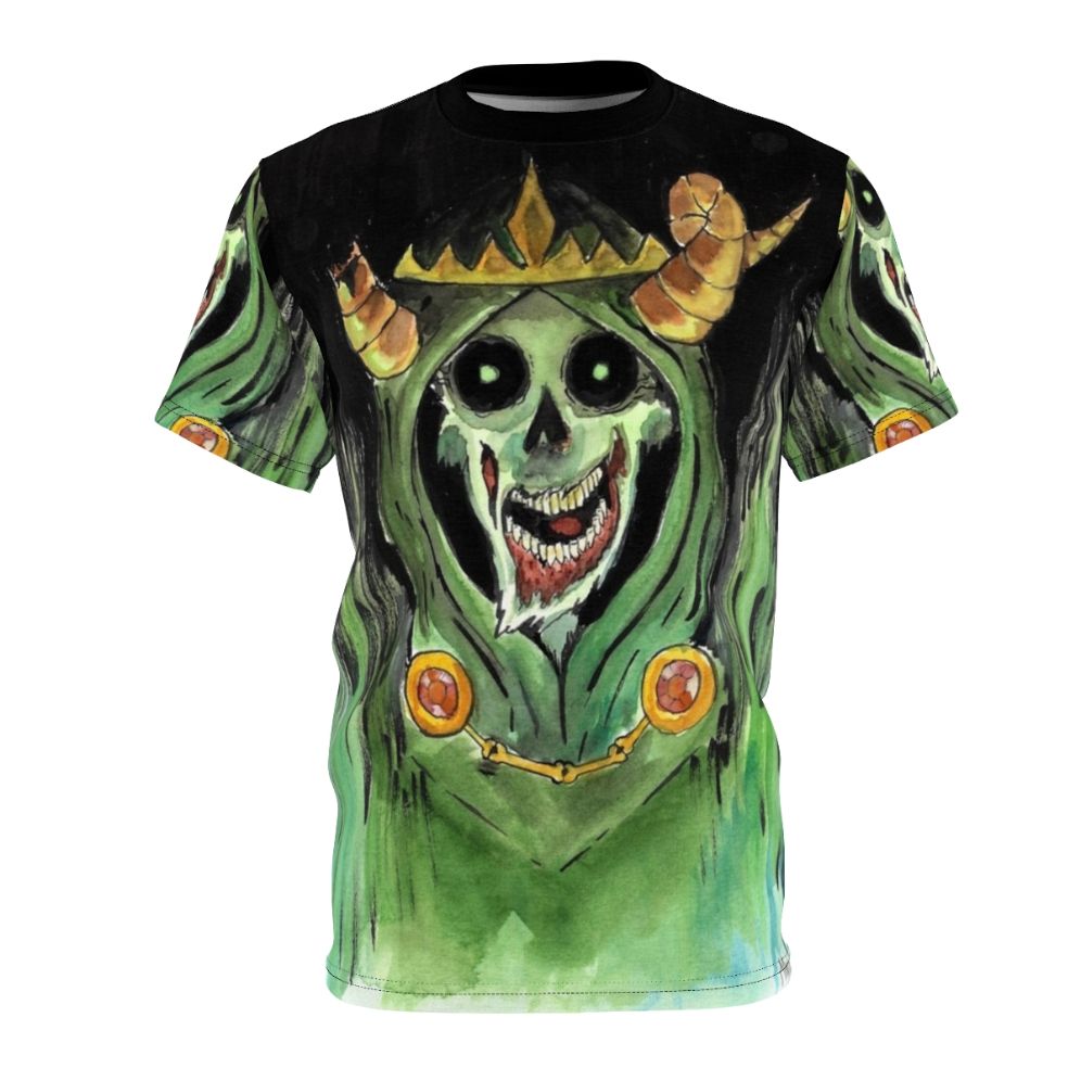 Ominous lich character illustration printed on a high-quality t-shirt for fans of dark fantasy and horror themes.