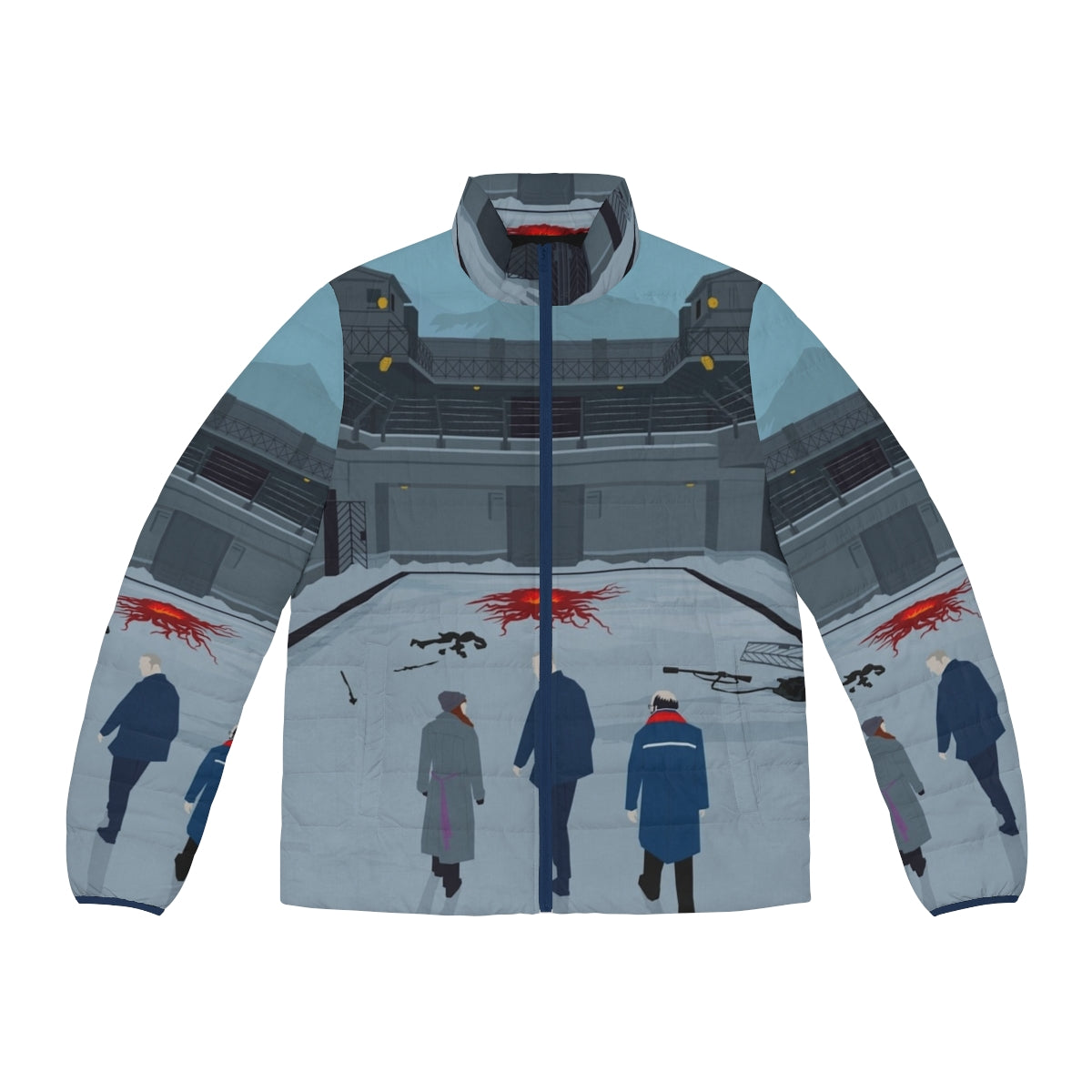 Stranger Things Fan Art Print Puffer Jacket with Eleven, Hopper, and Joyce