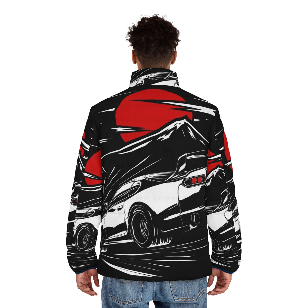 Toyota Supra MkIV inspired anime puffer jacket with Haruna character design - men back